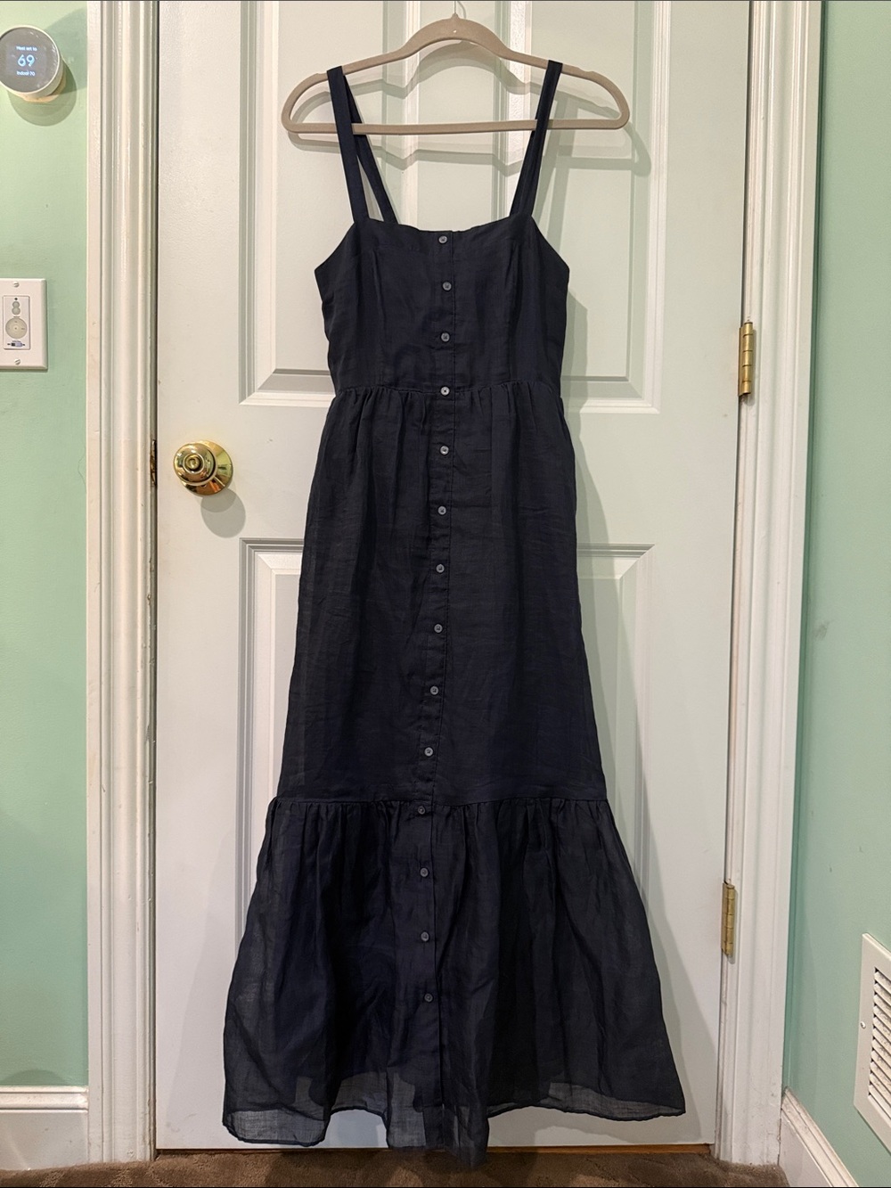 Banana Republic Navy Ramie Maxi Dress Button Front Tiered XS PETITE.